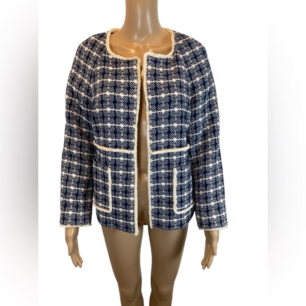 Boden Ida Classic Navy & White Tweed Women’s Elegant Open Front Coat size 8